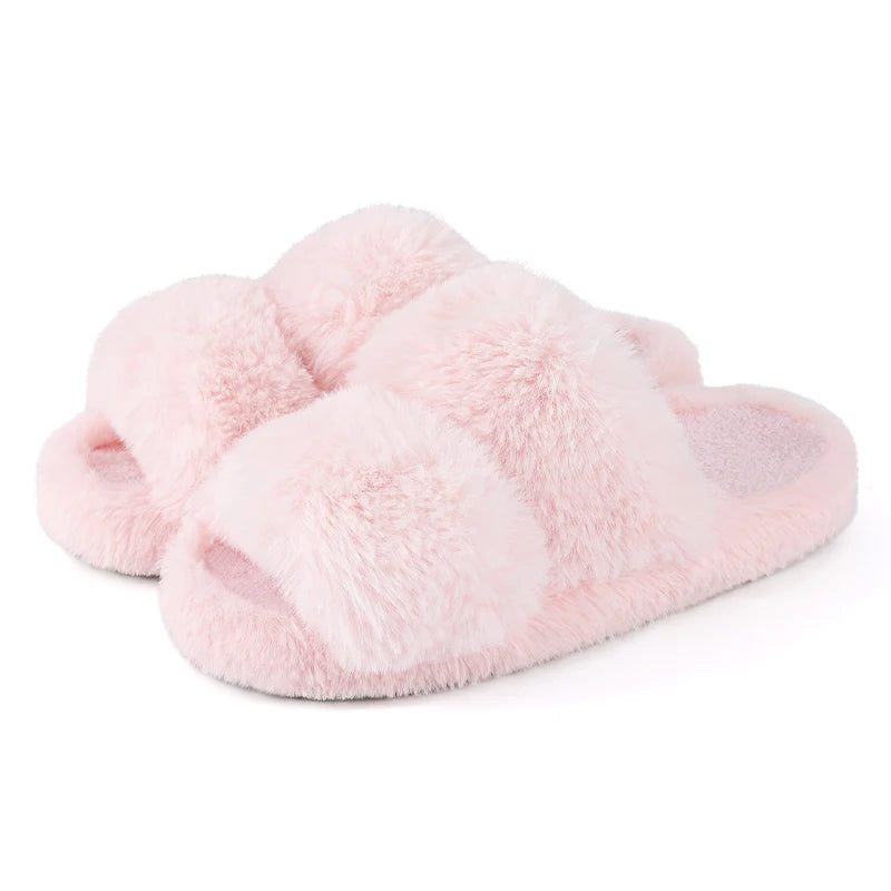 Evshine nouvelles mules à bout ouvert en fausse fourrure, chaussons d’intérieur chauds pour femme. Sandales d’intérieur tendance en peluche, confortables et moelleuses, chaussures de maison pour femme, chaussons d’hiver duveteux.