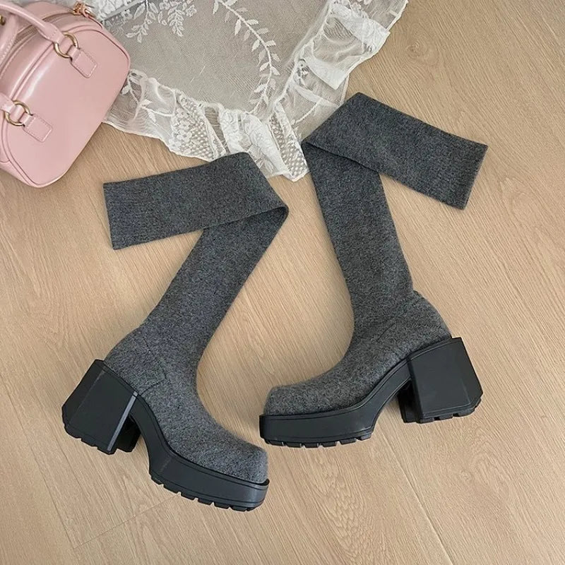 Bottes chaussettes au-dessus du genou pour femme, tailles 35 à 40. Modèle d’hiver en maille extensible, avec talons épais et plateforme. Bottes longues à enfiler, confortables et tendance pour femme.