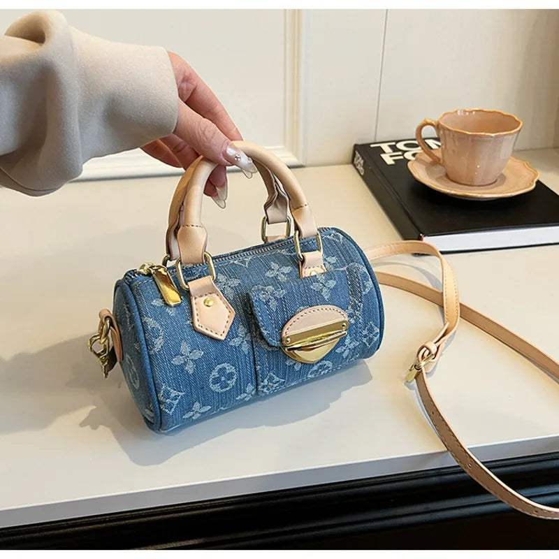 Sacs en jean tendance pour femmes, sacs bandoulière élégants et polyvalents, sacs à main cylindriques ronds à la mode
