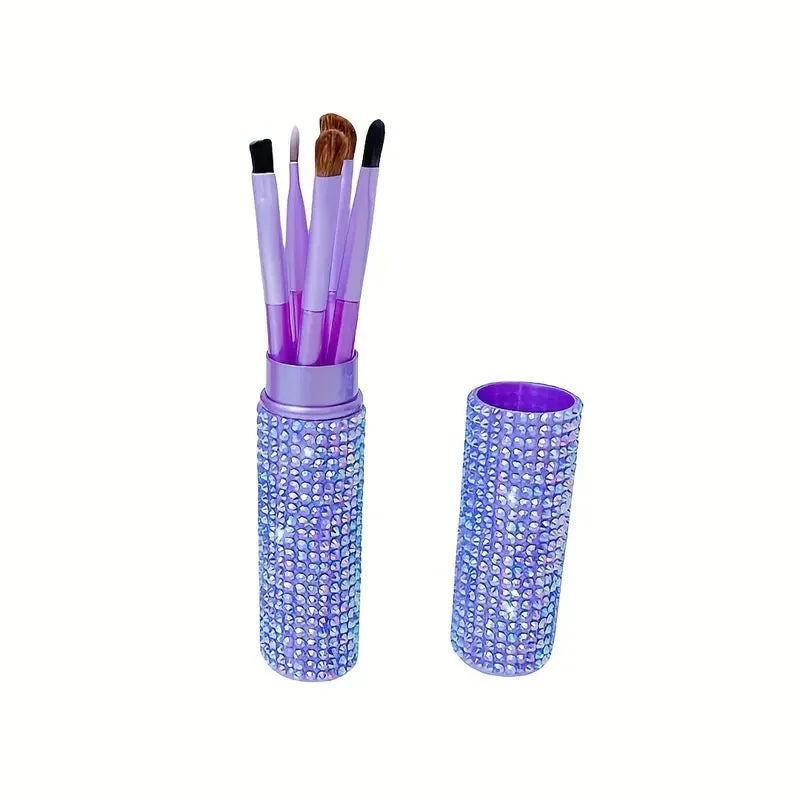 Ensemble de 5 pinceaux de maquillage pour les yeux avec étui de rangement en strass, pinceaux professionnels synthétiques pour estomper les fards à paupières, l'eye-liner et les sourcils