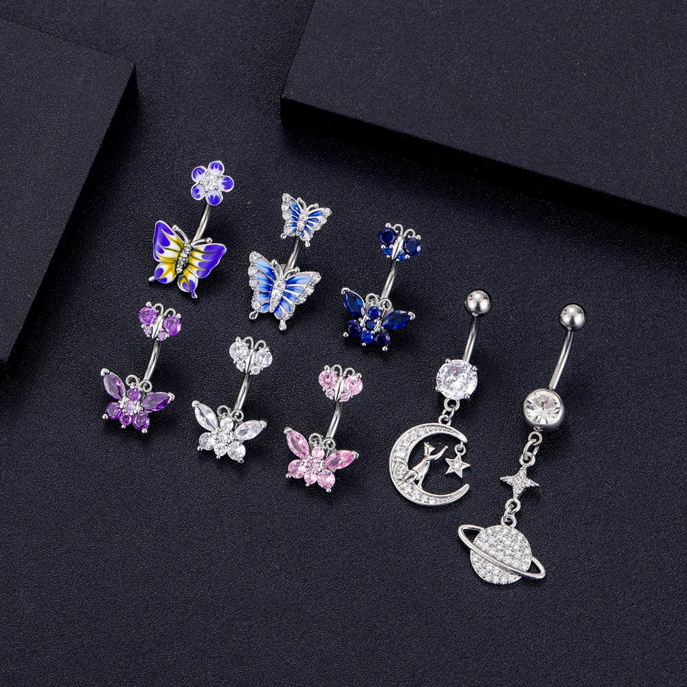 1 pièce Anneau de nombril incurvé en acier inoxydable couleur or avec cristaux CZ, motif papillon abeille, 14G, avec pendentif