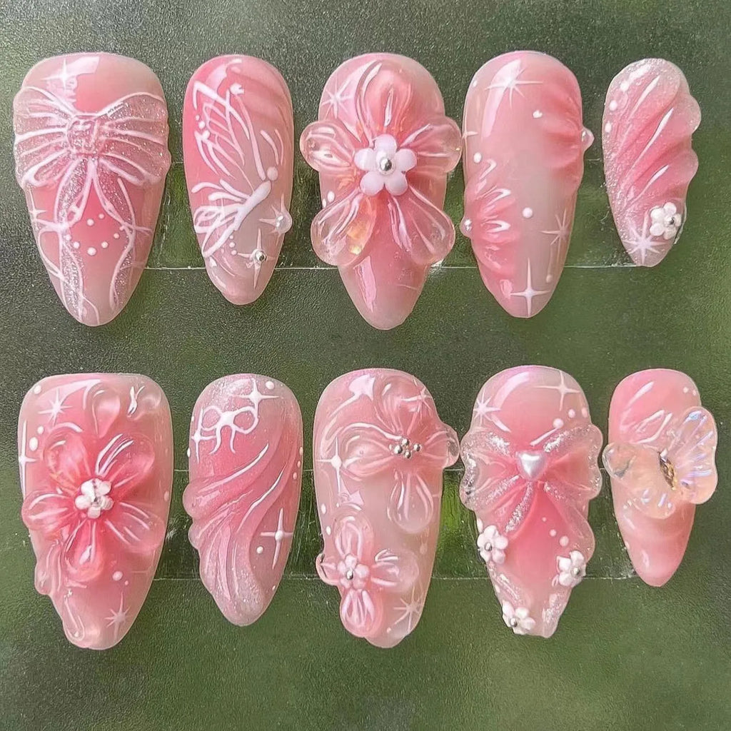 24 pièces mi-long doré amande ongles ensemble presse sur 3D fleur dégradé rose couverture complète faux ongles conseils perle réutilisable faux ongles