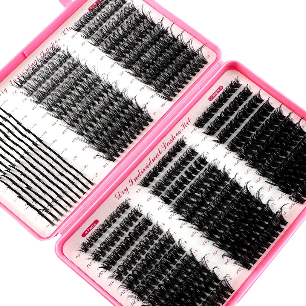 Faux cils en grappes individuelles Spikes 40/50/60/80/100D MIX – Lot de 580 pièces de faux cils épais, volumineux et effilés (wispy), avec une courbure D de 0,07 mm. Longueurs mélangées de 9 à 18 mm pour un effet naturel ou glamour selon le style souhaité