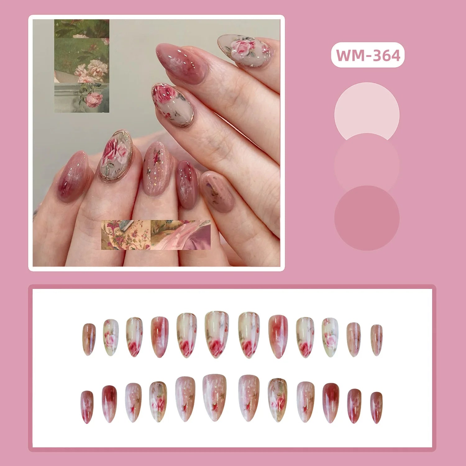 24 pièces de faux ongles à fleurs, style tendance, avec effet dégradé jaune et rose. Ongles portables à couverture complète, forme amande , à poser directement (Press-On Nails).