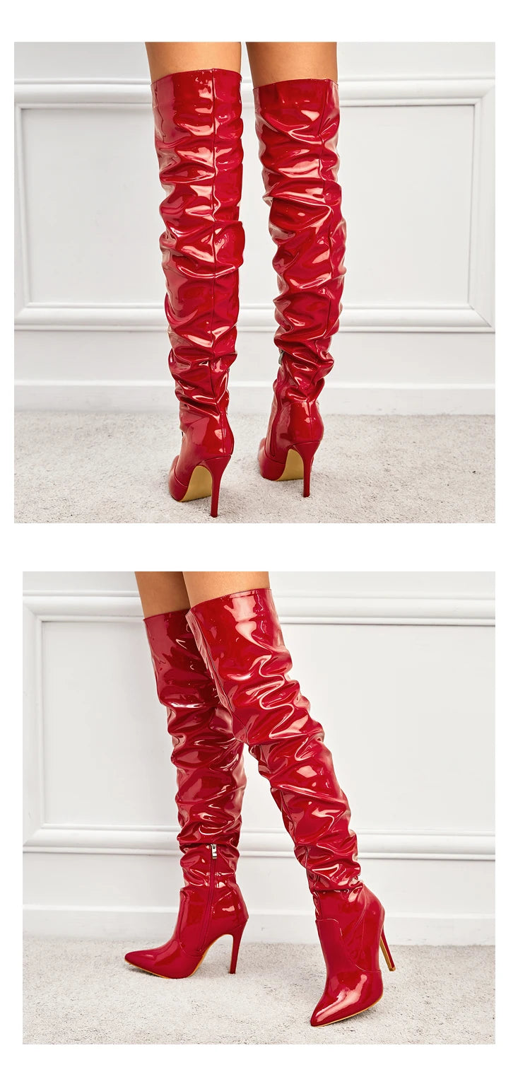 Bottes pour femmes au-dessus du genou, talons hauts, cuir verni, unies, bout pointu, talon aiguille, fermeture éclair latérale, chaussures féminines.