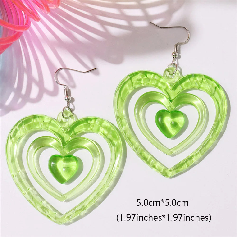 Boucles d’oreilles pendantes superposées en acrylique rose en forme de cœur, style Y2K vintage, pour femmes et filles, bijoux d’été doux pour soirée, accessoires de fête, cadeau.
