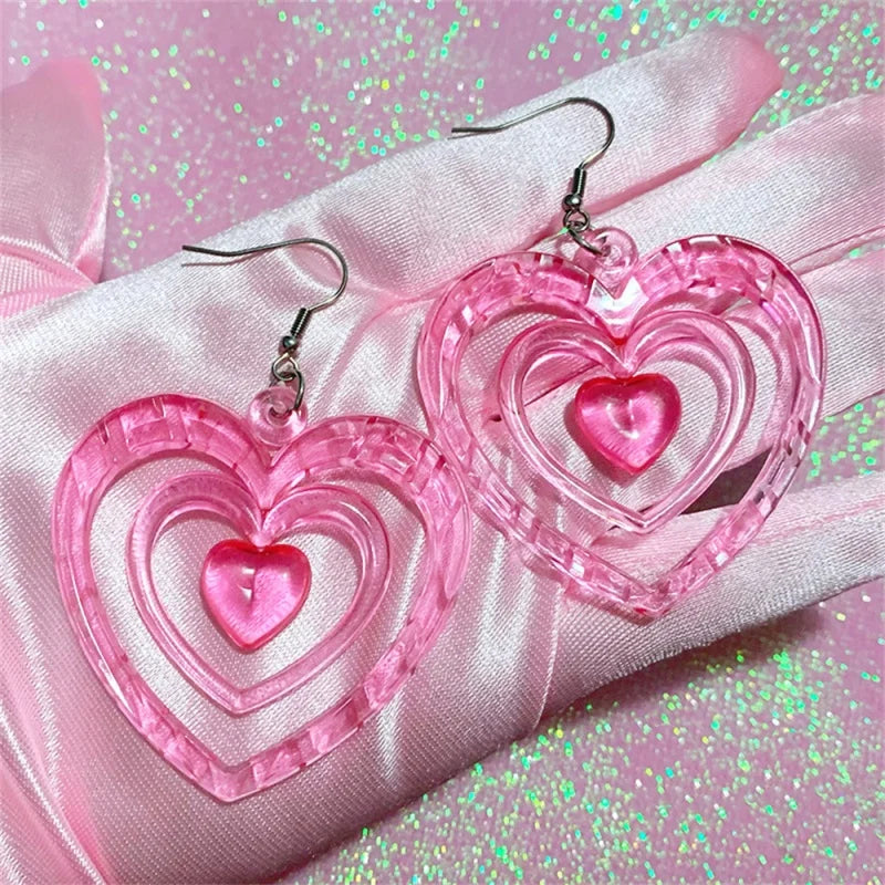 Boucles d’oreilles pendantes superposées en acrylique rose en forme de cœur, style Y2K vintage, pour femmes et filles, bijoux d’été doux pour soirée, accessoires de fête, cadeau.
