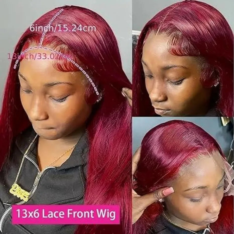 Perruque en cheveux humains raides 99J bordeaux, lace front HD 13x6, wig rouge colorée, pré-épilée, cheveux brésiliens, lace transparente frontale.
