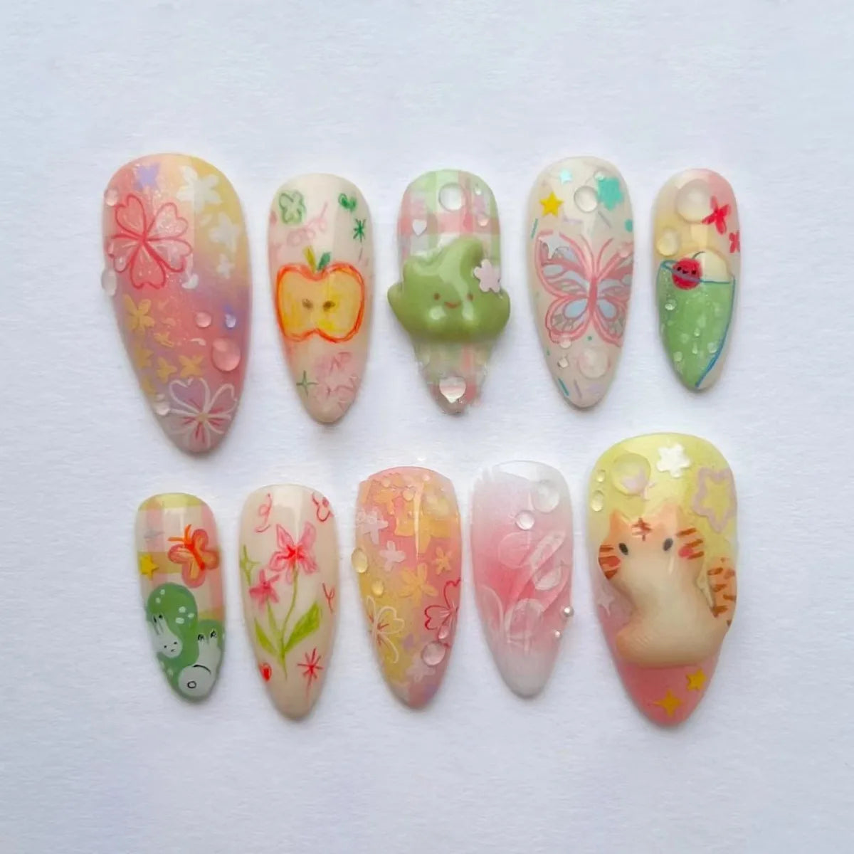 24 pièces de faux ongles à fleurs, style tendance, avec effet dégradé jaune et rose. Ongles portables à couverture complète, forme amande , à poser directement (Press-On Nails).