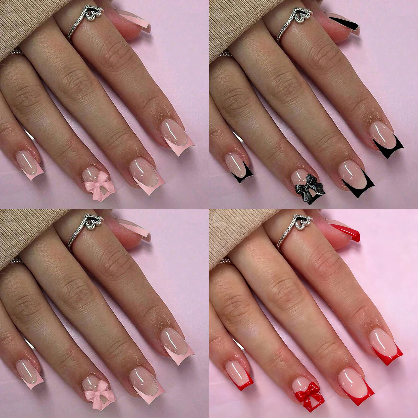 Faux ongles moyens avec pendentif à nœud 3d, 96 pièces, ongles acryliques en forme de cœur, strass, ongles pour femmes entièrement coupés