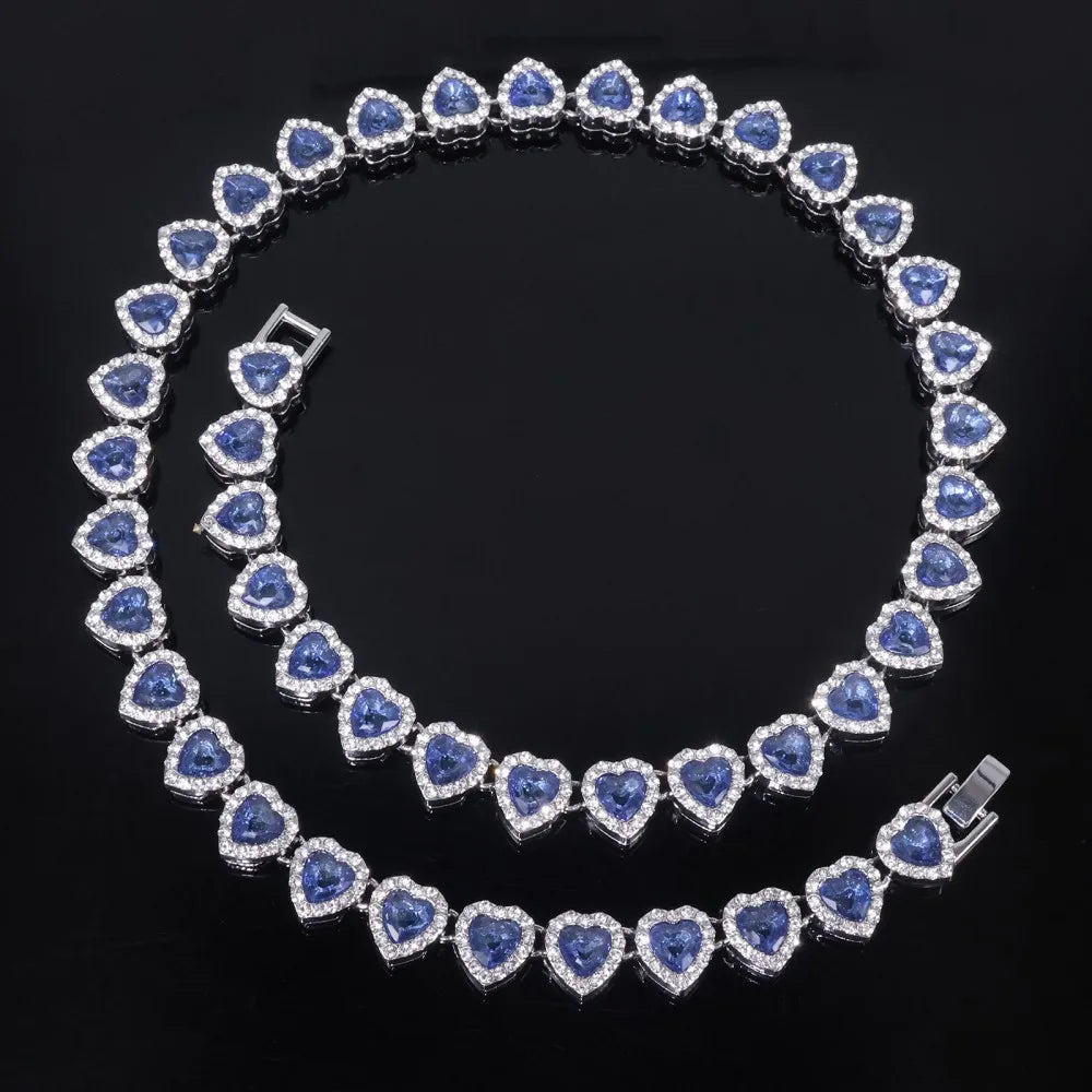 Yupsk 45CM/20CM coeur brillant strass Hip Hop Rock Tennis chaîne Bracelet collier pour femmes hommes à la mode ensemble de bijoux cadeau