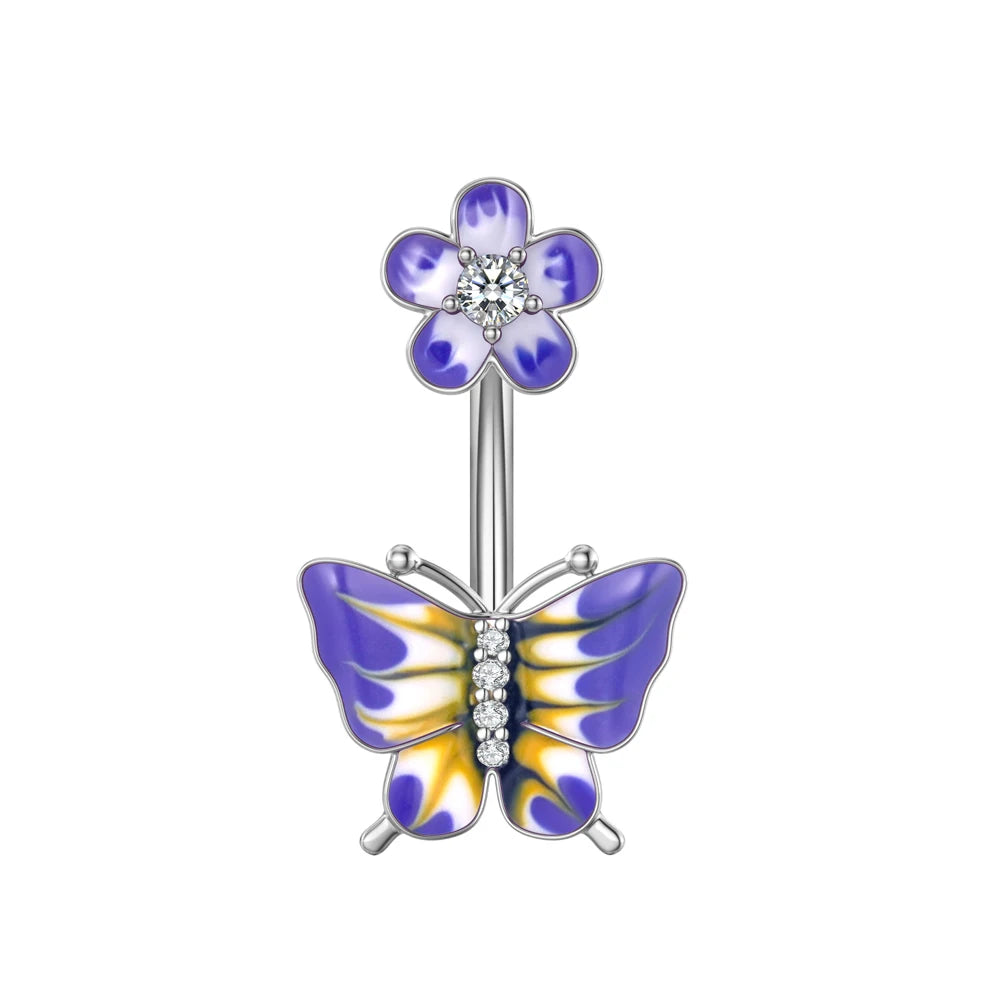 1 pièce Anneau de nombril incurvé en acier inoxydable couleur or avec cristaux CZ, motif papillon abeille, 14G, avec pendentif