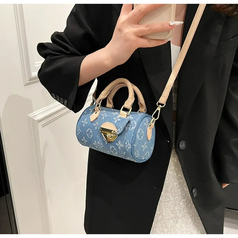 Sacs en jean tendance pour femmes, sacs bandoulière élégants et polyvalents, sacs à main cylindriques ronds à la mode