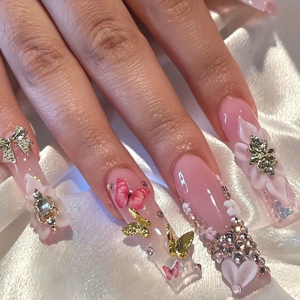 24 faux ongles longs carrés à presser, motif léopard, design cerise 3D, strass, couvrance totale, prêts à poser
