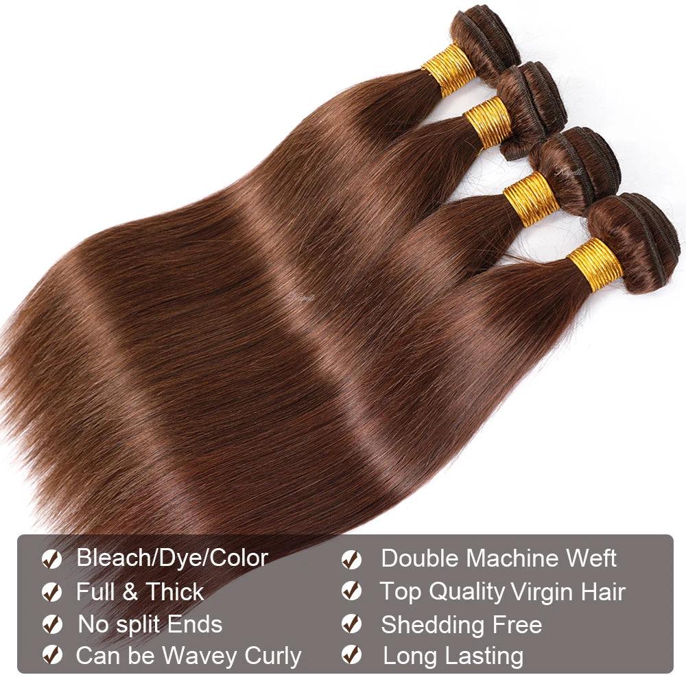Mèches de cheveux humains raides couleur chocolat brun avec fermeture (closure) HD 4x4 ou frontal 13x4, extensions de tissage en cheveux 100 % bruts Remy.