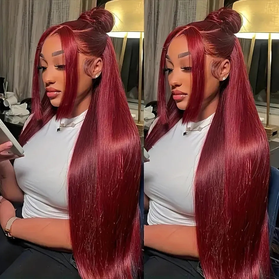 Perruque en cheveux humains raides 99J bordeaux, lace front HD 13x6, wig rouge colorée, pré-épilée, cheveux brésiliens, lace transparente frontale.