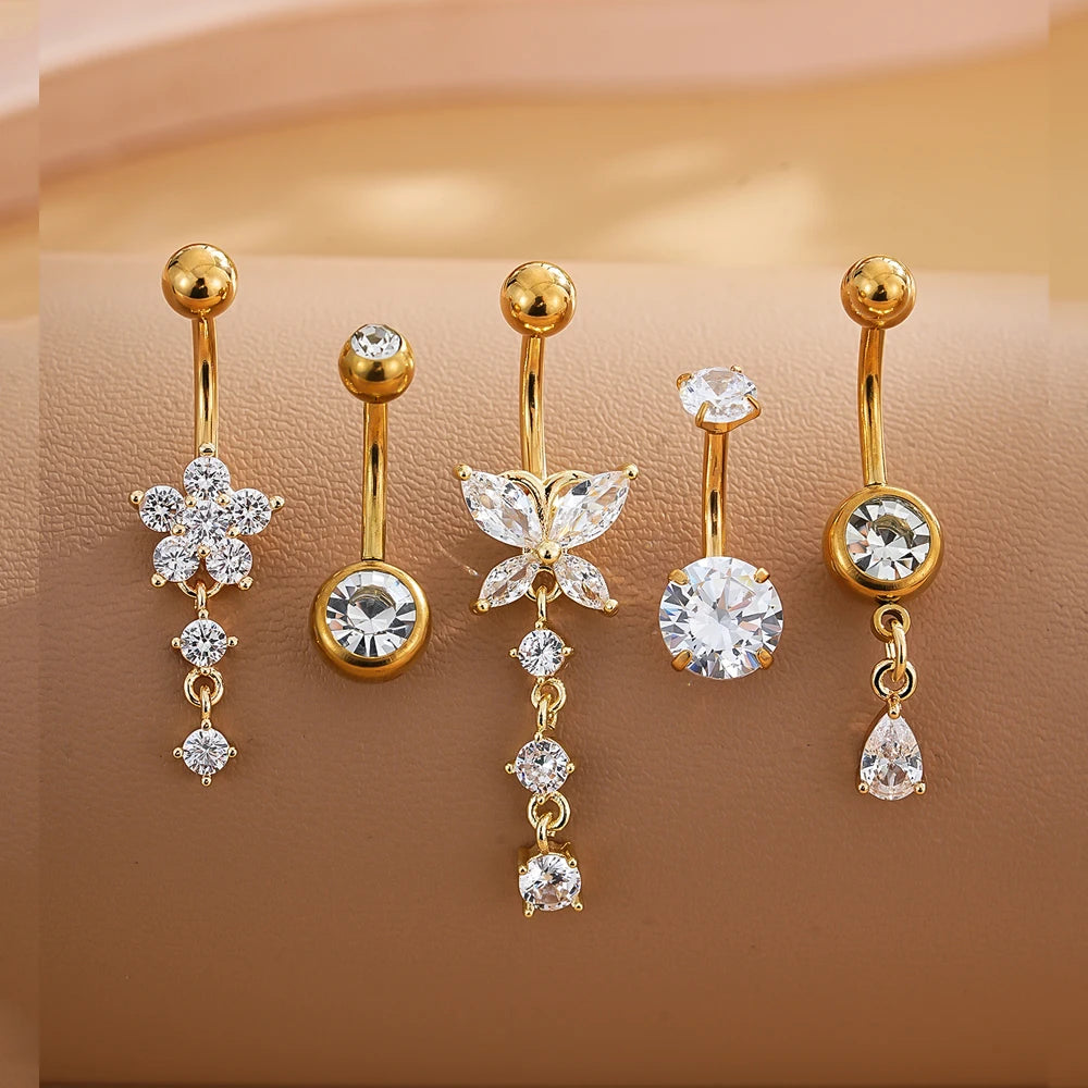 3-5 pièces ensembles de styles mixtes coeur fleur balancent nombril anneaux en acier inoxydable papillon incurvé Zircon ventre Piercing nombril anneau
