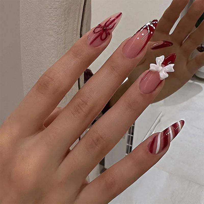 24 pièces doux oeil de chat français presse sur ongles diamant pointu tridimensionnel nœud papillon portable ongles pour femmes et fille amande ongles