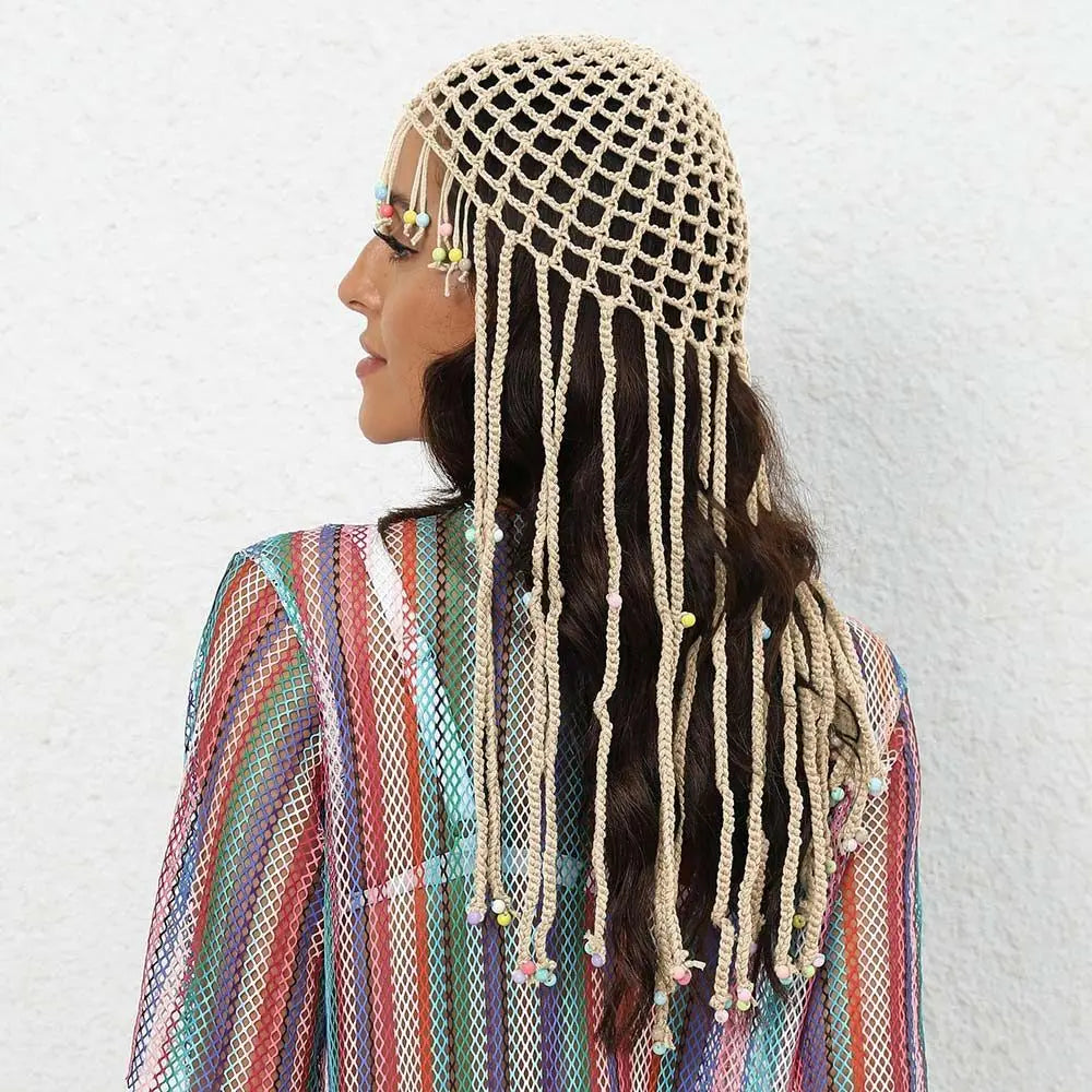 Chapeau tricoté ajouré respirant, béret Y2k fait à la main avec perles et pompons, chapeaux décontractés au Crochet pour femmes
