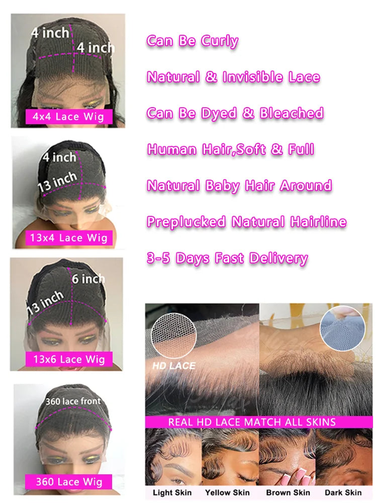 Perruque lisse en cheveux humains 13x4, 13x6, 360 Lace, 4x4 ou 5x5 Closure, pré-épilée avec une densité de 250 %. Disponible de 30 à 40 pouces pour un look ultra-long, volumineux et naturel.