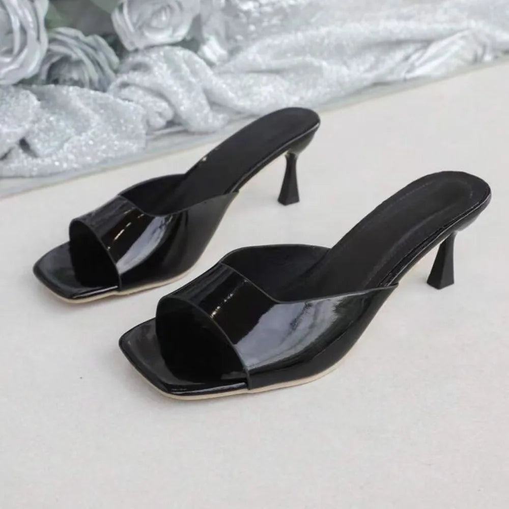 Mules tendance à bout ouvert style bouche de poisson, chaussures d’été confortables et élégantes. Sandales sexy à talons aiguilles et bout ouvert, parfaites pour le bureau, les occasions habillées et les tenues raffinées pour femme.