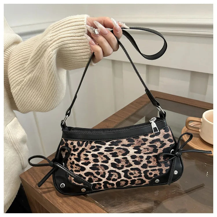 Nouveau sac sous le bras tendance, sac à bandoulière pour femmes, sac à main avec double nœud doux, sac pour dames, style rétro, sac à épaule féminin à motif léopard.