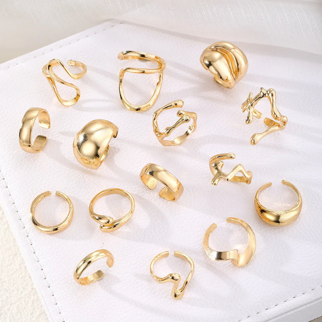 Bagues lisses en métal pour femmes et hommes, lignes irrégulières exagérées, gouttelettes d'eau, Punk rétro Boho, bijoux à la mode, cadeau, 15 pièces/ensemble