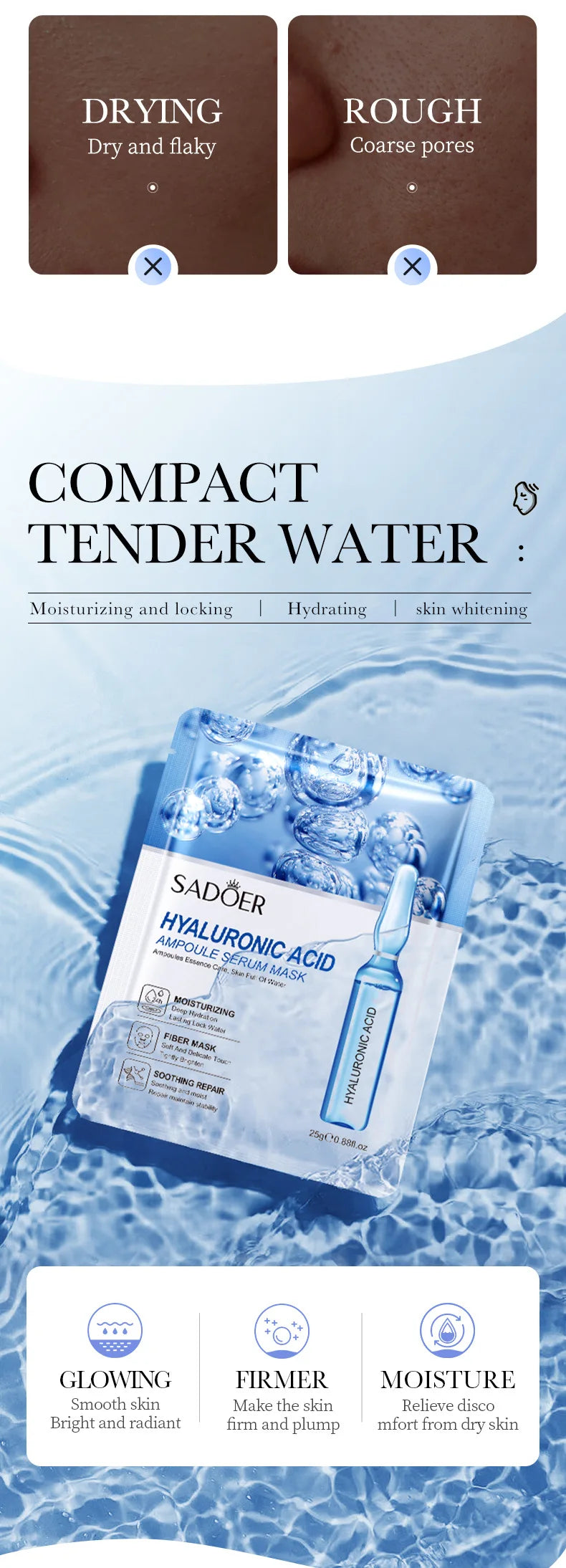 10 pièces SAODER acide hyaluronique masques pour le visage soins de la peau raffermissant hydratant masque Facial produits de soins de la peau du visage