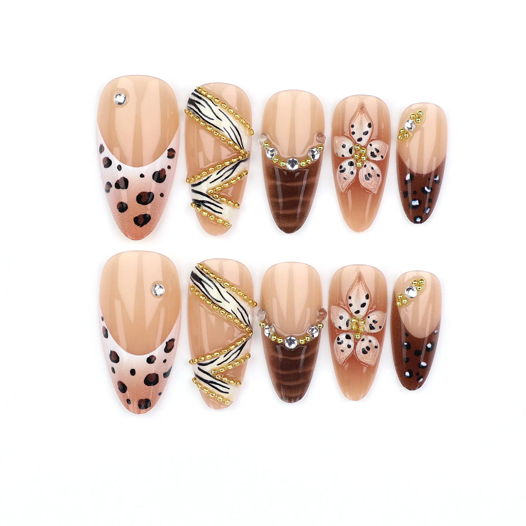 Faux ongles 3D pour femmes et filles, dégradé de fleurs en relief marron bleu avec strass, pointes d'amande d'automne et d'hiver à pression sur les faux ongles