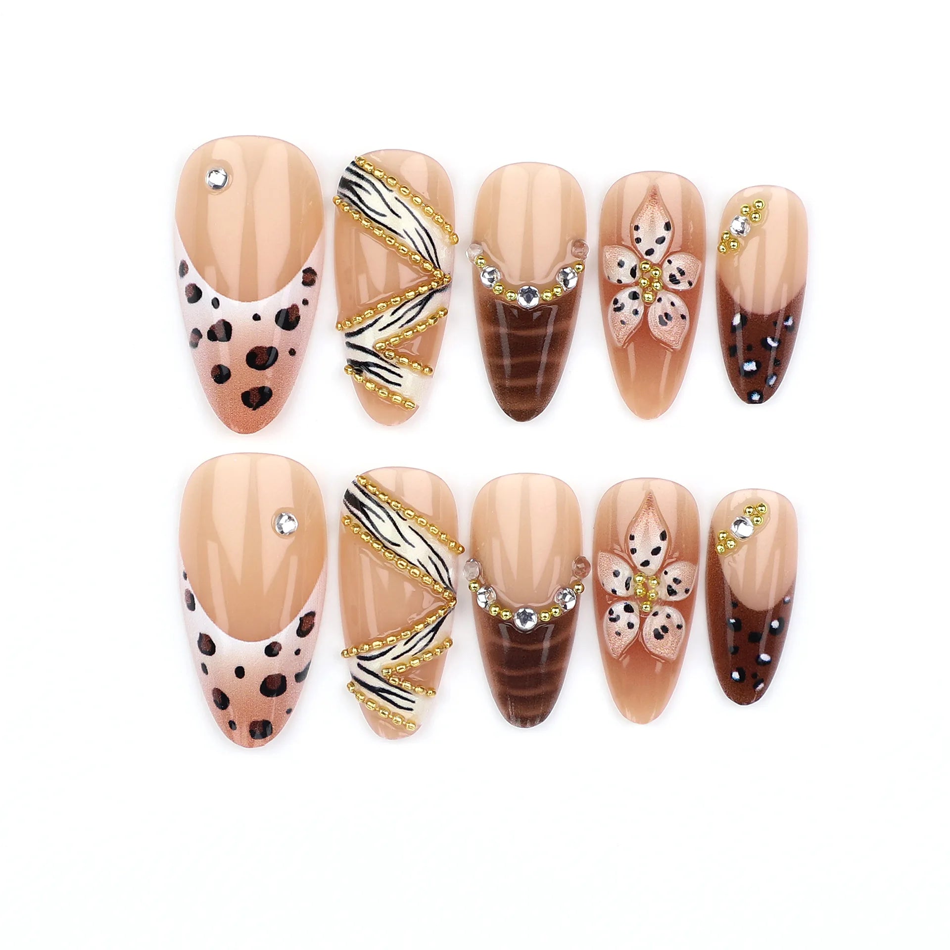 Faux ongles 3D pour femmes et filles, dégradé de fleurs en relief marron bleu avec strass, pointes d'amande d'automne et d'hiver à pression sur les faux ongles