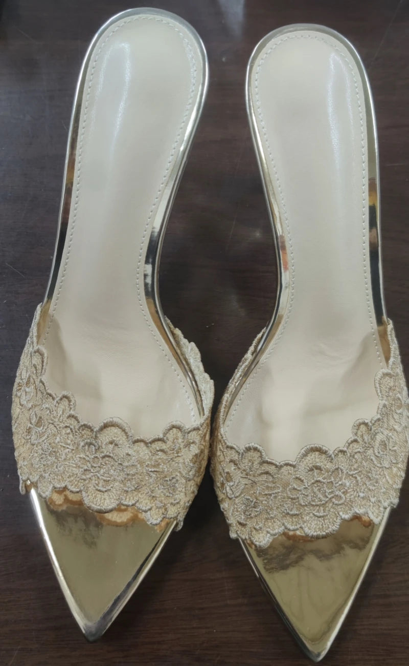 Sandales à talons hauts pour femmes, chaussures brodées en dentelle, mules sexy et confortables, chaussures de banquet, été, nouveau