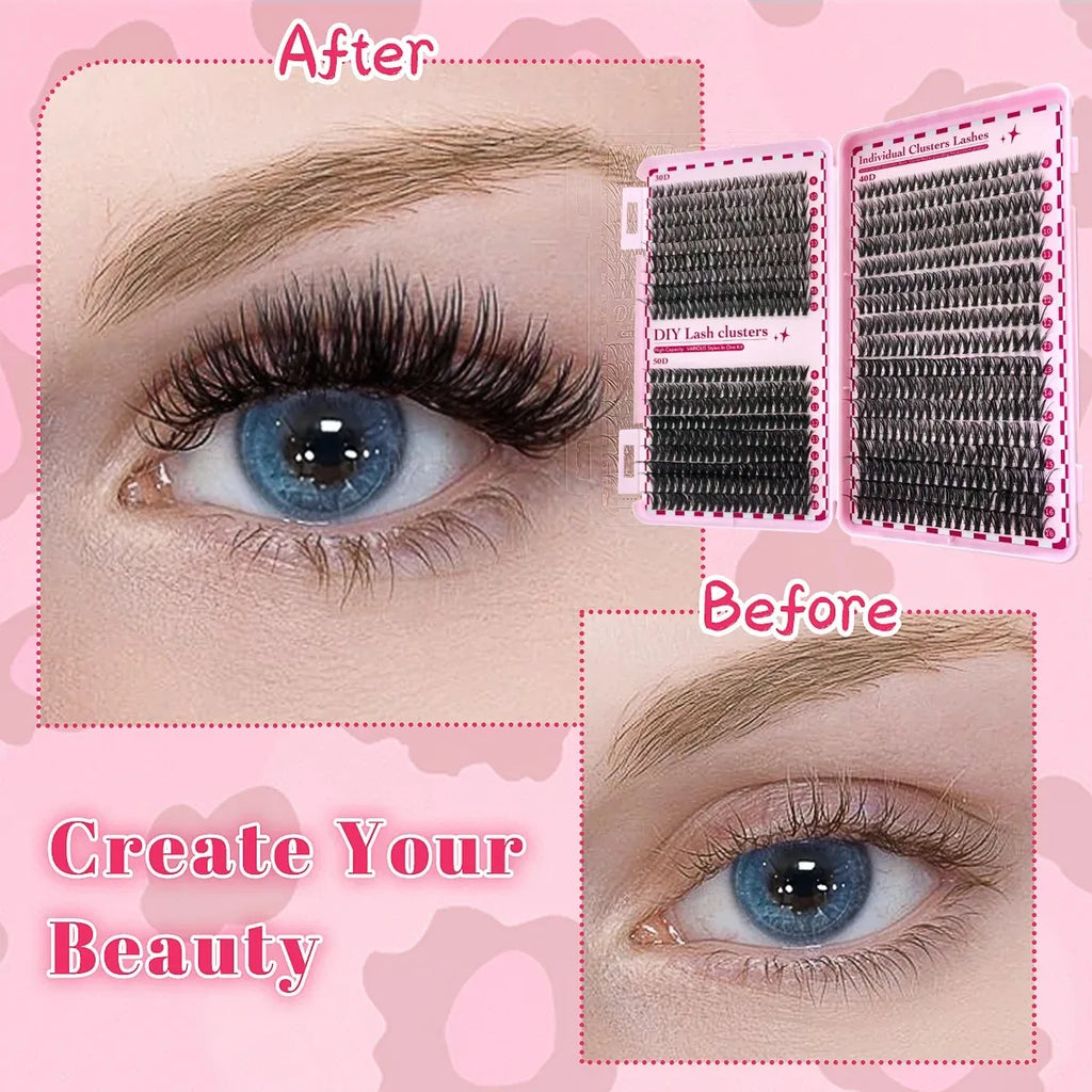 Kit d’extensions de cils DIY 700 pièces – Bouquets de cils 30D, 40D, 50D et 80D avec longueurs mixtes de 9 à 16 mm. Courbure D pour un regard plus ouvert et élégant.