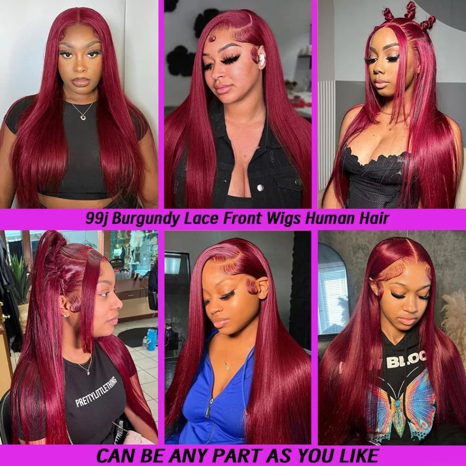 Perruque en cheveux humains raides 99J bordeaux, lace front HD 13x6, wig rouge colorée, pré-épilée, cheveux brésiliens, lace transparente frontale.