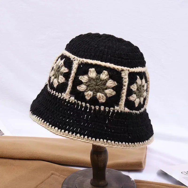 Chapeau seau coréen fait à la main au Crochet pour femmes, tissage tricoté, mode fleurs Y2k, bonnet de bassin, nouvelle collection automne hiver