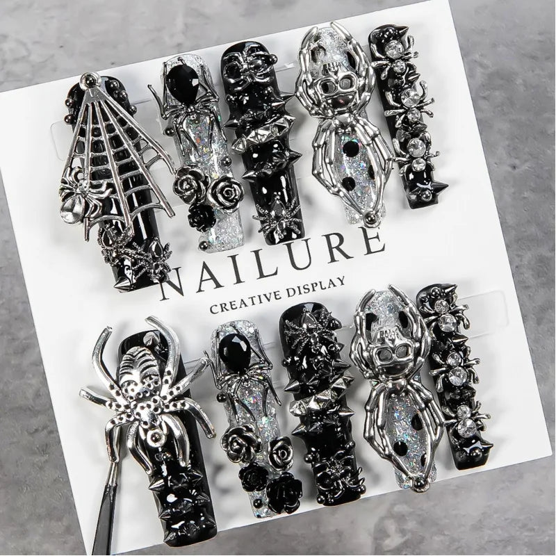 Faux ongles gothiques foncés faits à la main, motif crâne d'araignée, résistants, longs et détachables, style gothique