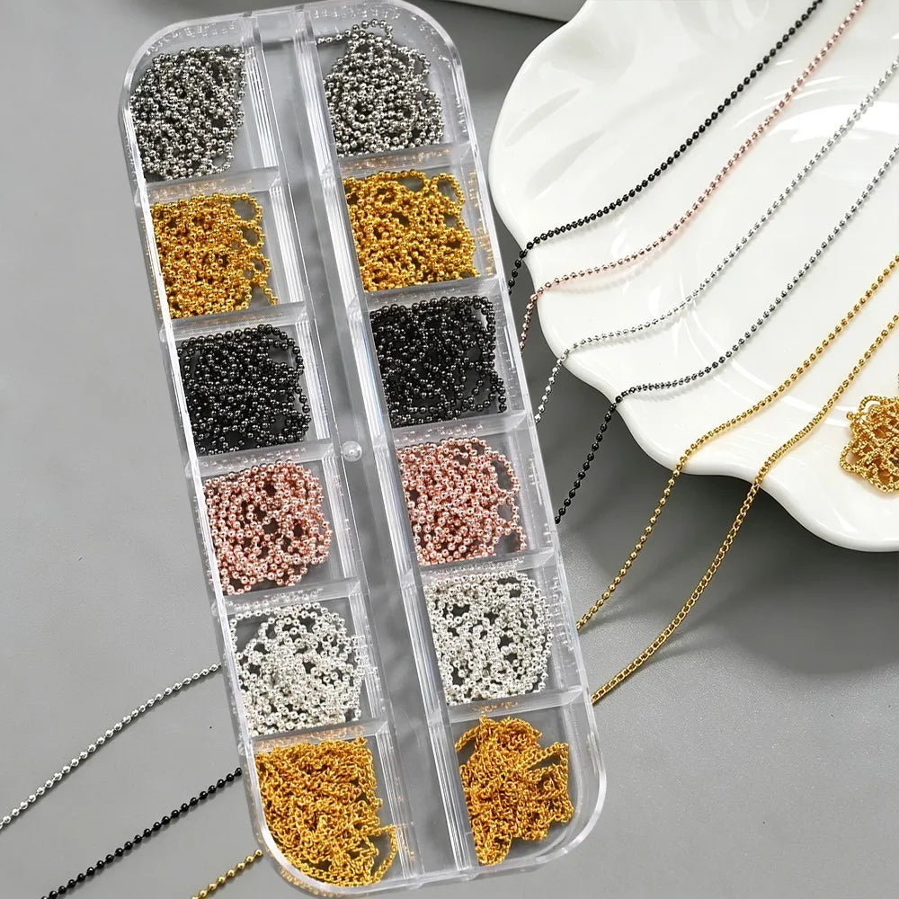 12 grilles de chaînes à ongles 3D en or, argent, gris foncé et rose, style gothique punk, breloques en métal pour nail art, chaînes en alliage, décorations pour manucure