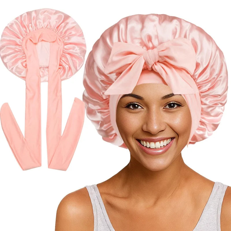 Nouveau bonnet de nuit en satin uni avec bande élastique extensible à nouer pour femmes, bonnet de douche ajustable, bonnet/turban pour couvrir les cheveux.