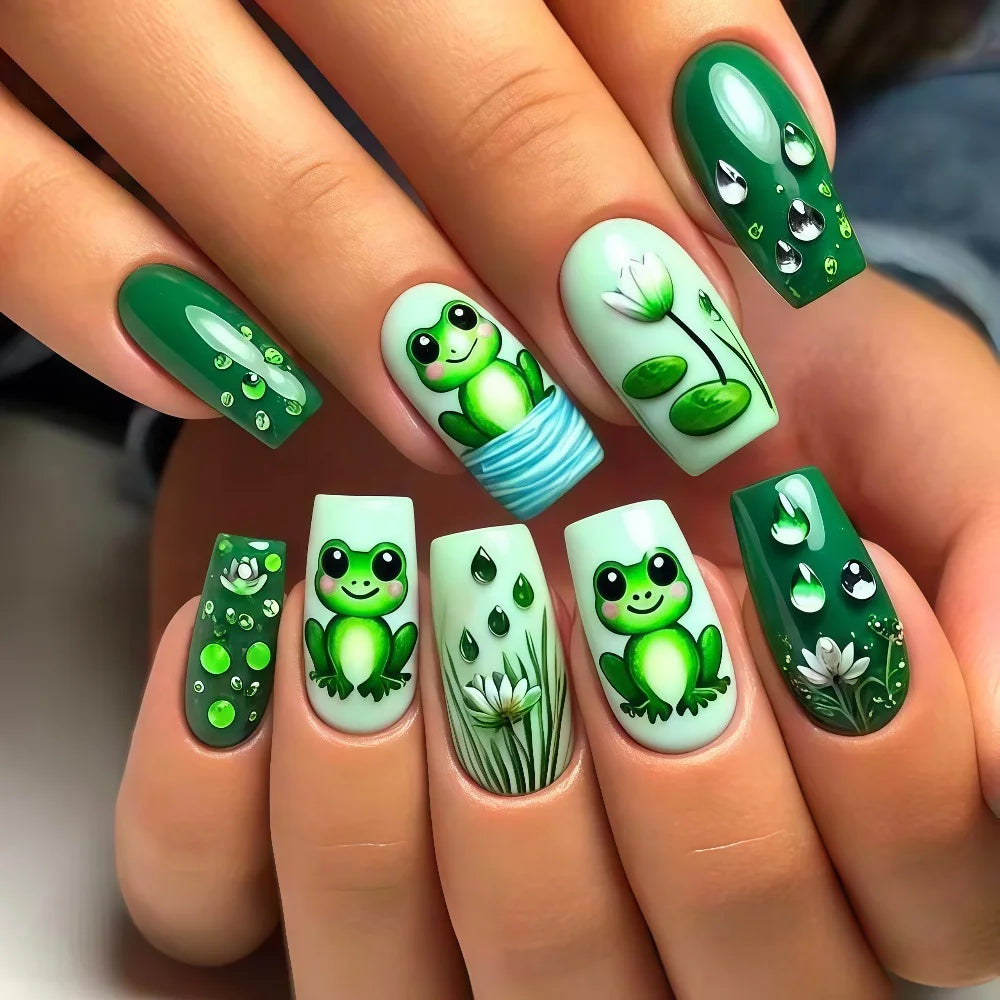 Faux ongles 3D pour femmes et filles, dégradé de fleurs en relief marron bleu avec strass, pointes d'amande d'automne et d'hiver à pression sur les faux ongles