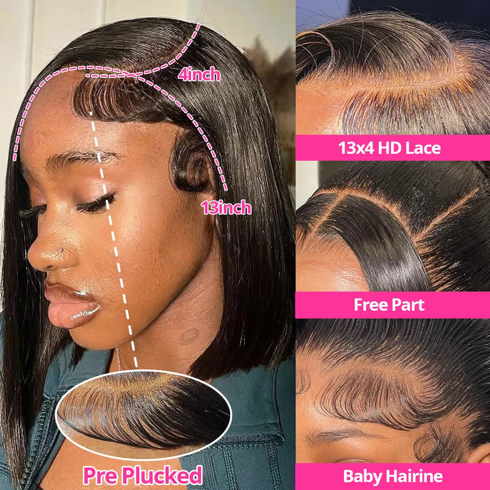 Perruque en cheveux humains 100 % naturels, coupe carré courte et lisse (Bone Straight), dotée d’une lace HD 13x6 pour un rendu discret et naturel. Densité de 250 % pour un volume généreux. Lace frontale HD 13x4
