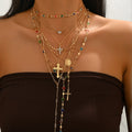 Ensemble de 5 colliers pendentifs croix superposés dorés avec strass colorés, style Y2K, réglables, bijoux de mode estivaux pour femmes