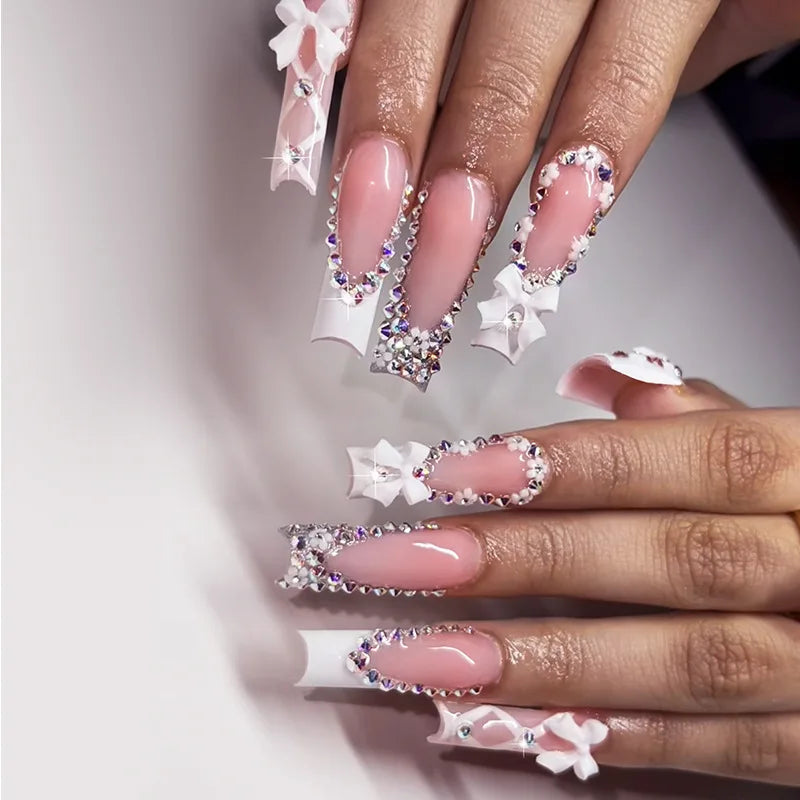 24 faux ongles longs carrés à presser, motif léopard, design cerise 3D, strass, couvrance totale, prêts à poser