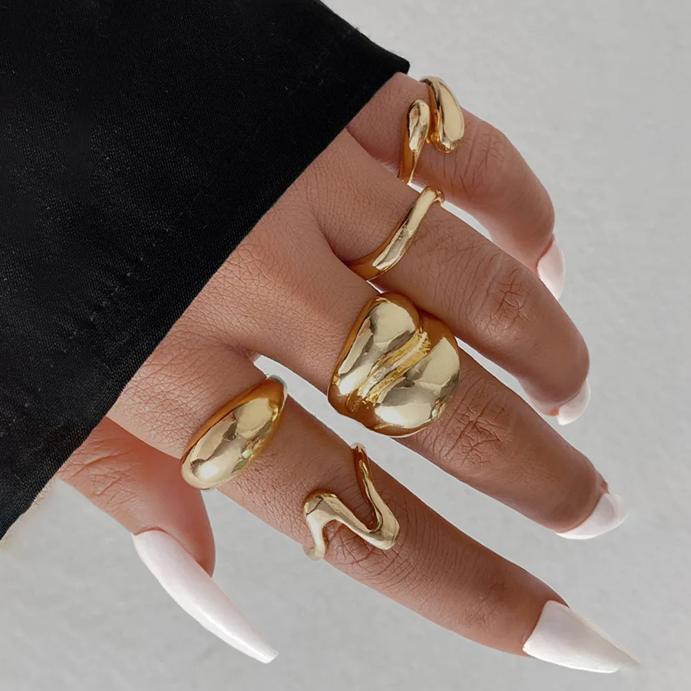 Bagues lisses en métal pour femmes et hommes, lignes irrégulières exagérées, gouttelettes d'eau, Punk rétro Boho, bijoux à la mode, cadeau, 15 pièces/ensemble