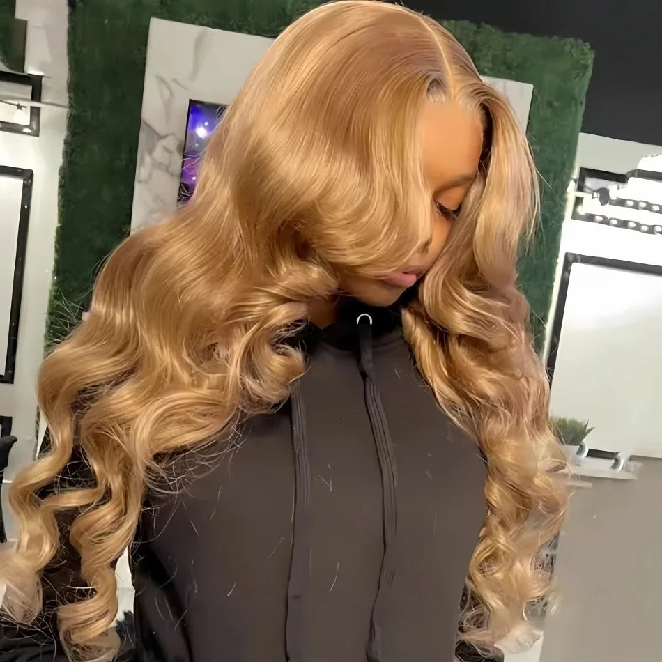 Perruques brésiliennes en cheveux humains ondulés, blond miel 27, avec dentelle frontale HD 13x6 et 13x4, densité 250, colorées et pré-épilées