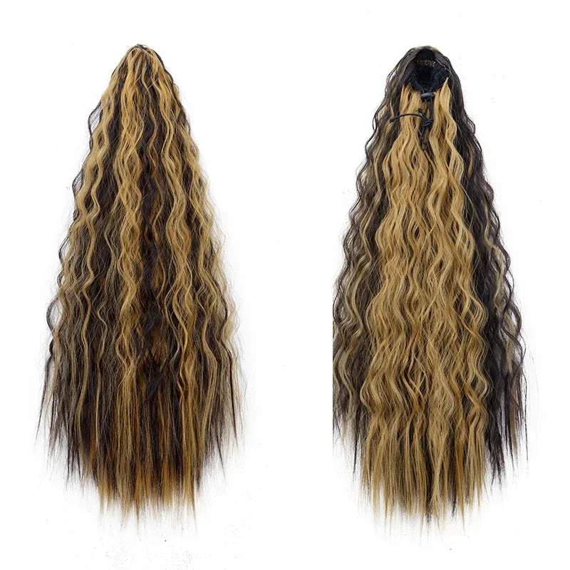 Queue de cheval synthétique longue et bouclée de 22 pouces, extension de cheveux à cordon de serrage, postiche noir à clipser pour femme