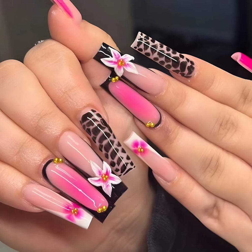 24 pièces – faux ongles longs carrés style français, design cœur 3D, ongles press-on avec strass, motif décoratif, faux ongles portables pour nail art
