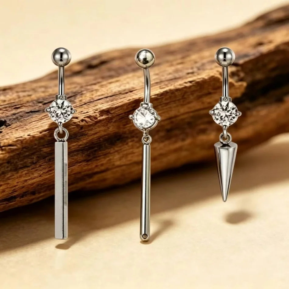 Piercing de nombril 14G en titane – barre de barbell, acier inoxydable, pendentif à strass en forme de pointe cône, style minimaliste punk, bijou de corps pour homme et femme