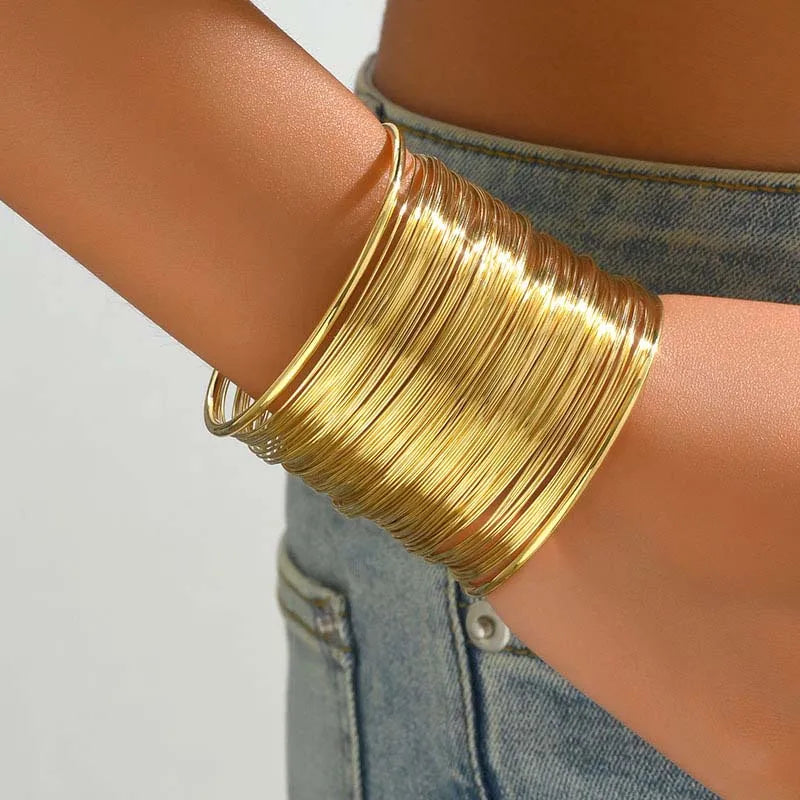 Vintage couleur or hyperbolique couches large fil Bracelet manchette Bracelet pour femmes exagéré métal poignet Wrap Bracelet bijoux cadeau