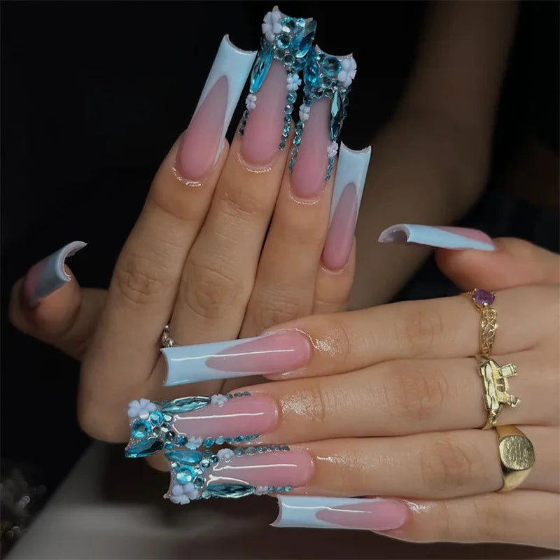 24 faux ongles longs carrés à presser, motif léopard, design cerise 3D, strass, couvrance totale, prêts à poser