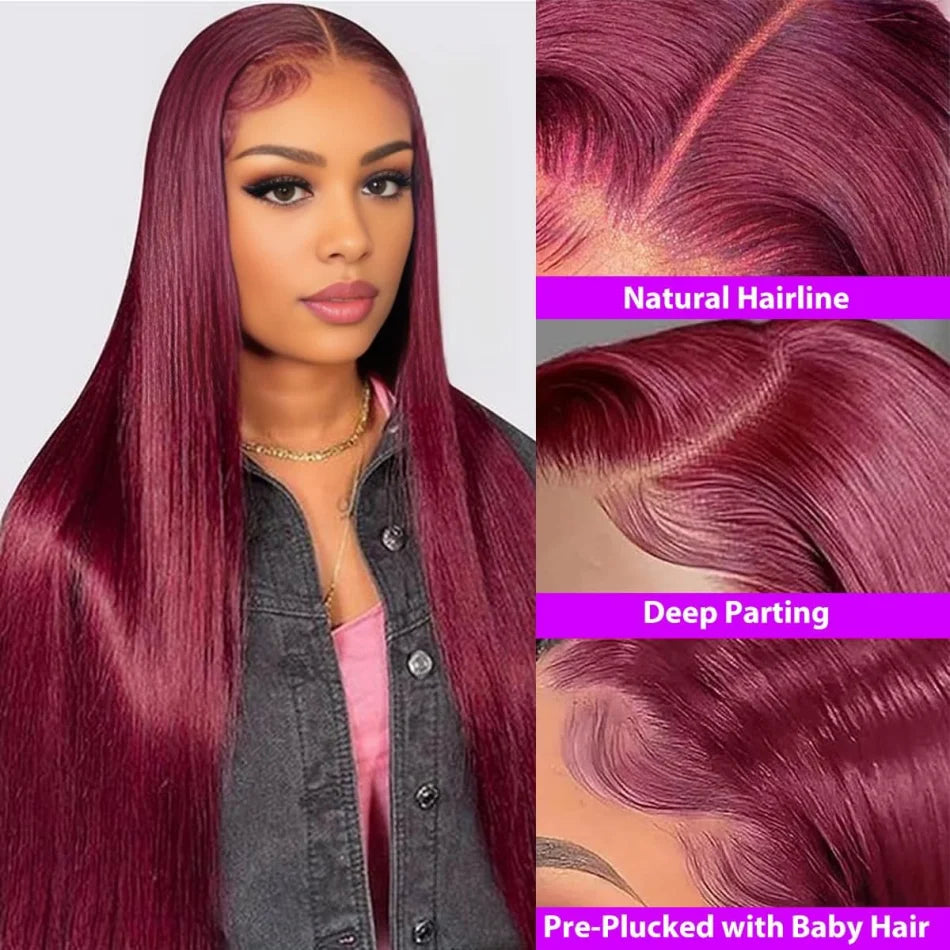 Perruque en cheveux humains raides 99J bordeaux, lace front HD 13x6, wig rouge colorée, pré-épilée, cheveux brésiliens, lace transparente frontale.