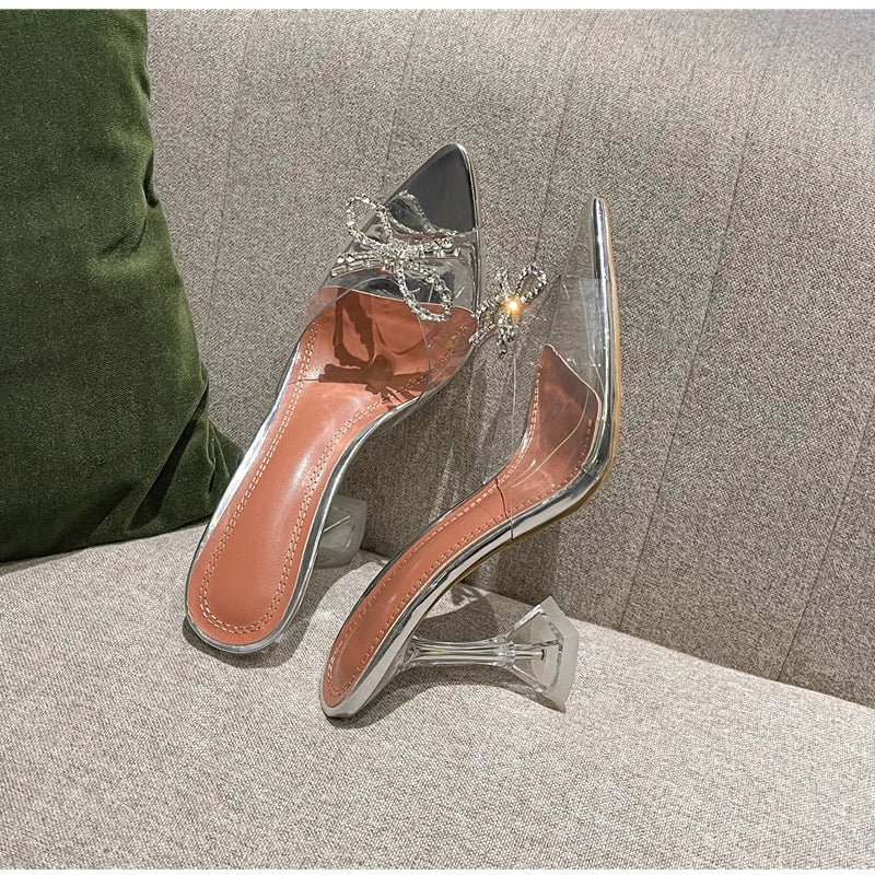 Grande taille 35-45, mules transparentes en PVC avec strass et nœud, élégantes sandales à talons hauts pour femmes, chaussures d’été tendance, sandales et mules à enfiler.